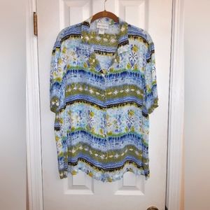 1X (18/20) Anna Maxwell Printed Ikat/Tribal Inspired Button Up Shirt Blue/Green